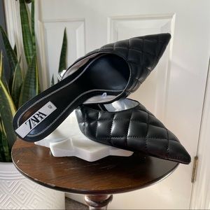 Zara Quilted Pointed Toe Stiletto Kitten Heel Black Mules Sz 40/9US
